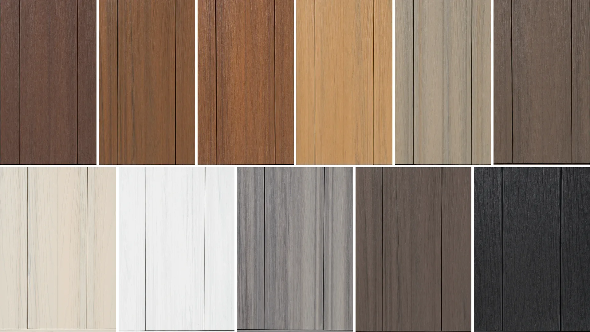 Los 11 colores del deck WPC en tablas verticales: arriba los 6 de línea (IPE, Teka, Incienso, Chesnut, Antique y Mocha) y abajo los 5 sobre pedido (Sand, Off-white, Ash Gray, Dark Gray y Obsidiana)