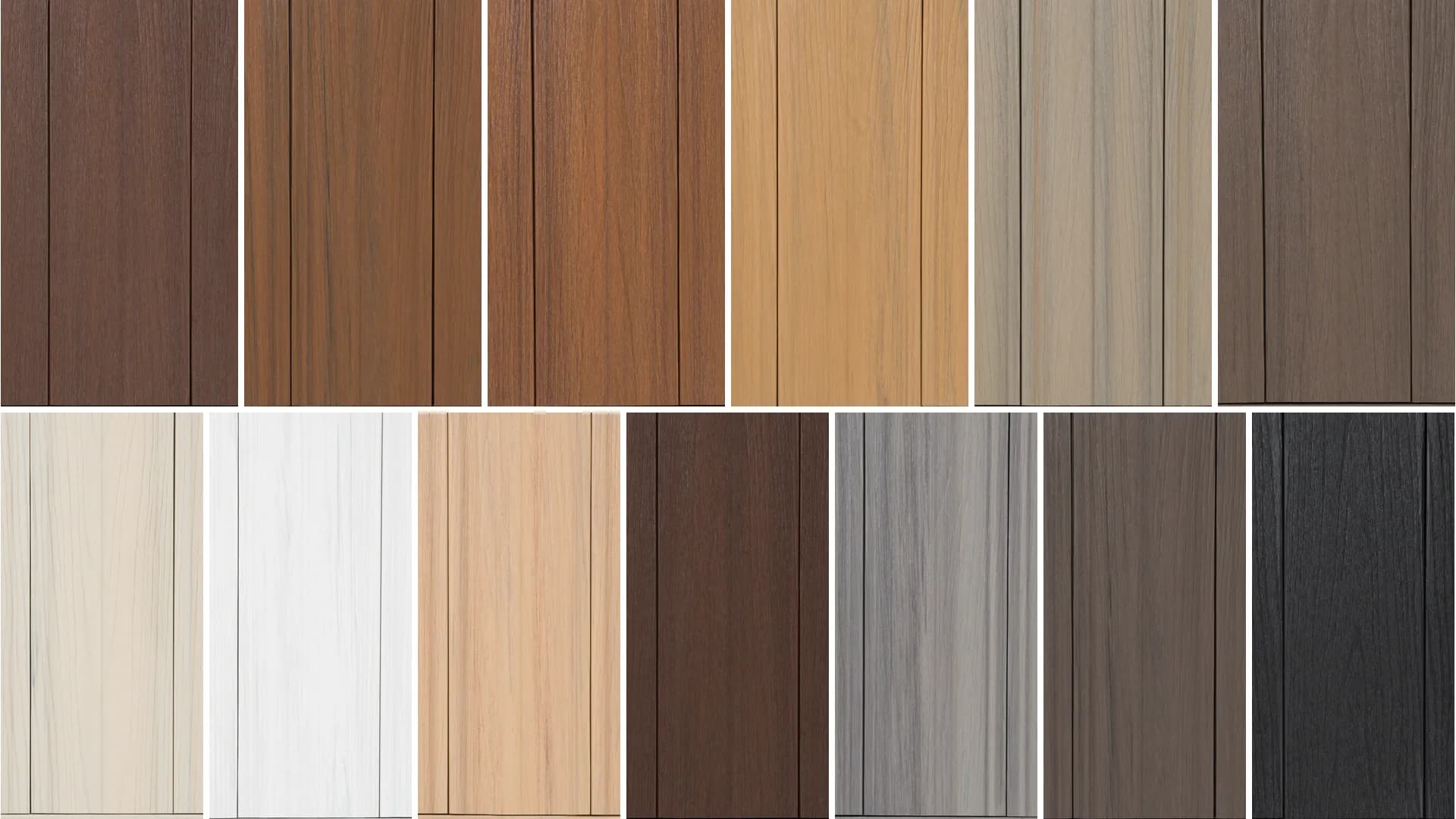 Los 13 colores del deck WPC en tablas verticales: arriba los 6 de línea (IPE, Teka, Incienso, Chesnut, Antique y Mocha) y abajo los 7 sobre pedido (Sand, Off-white, Maple, Mahogany, Ash Gray, Dark Gray y Obsidiana)