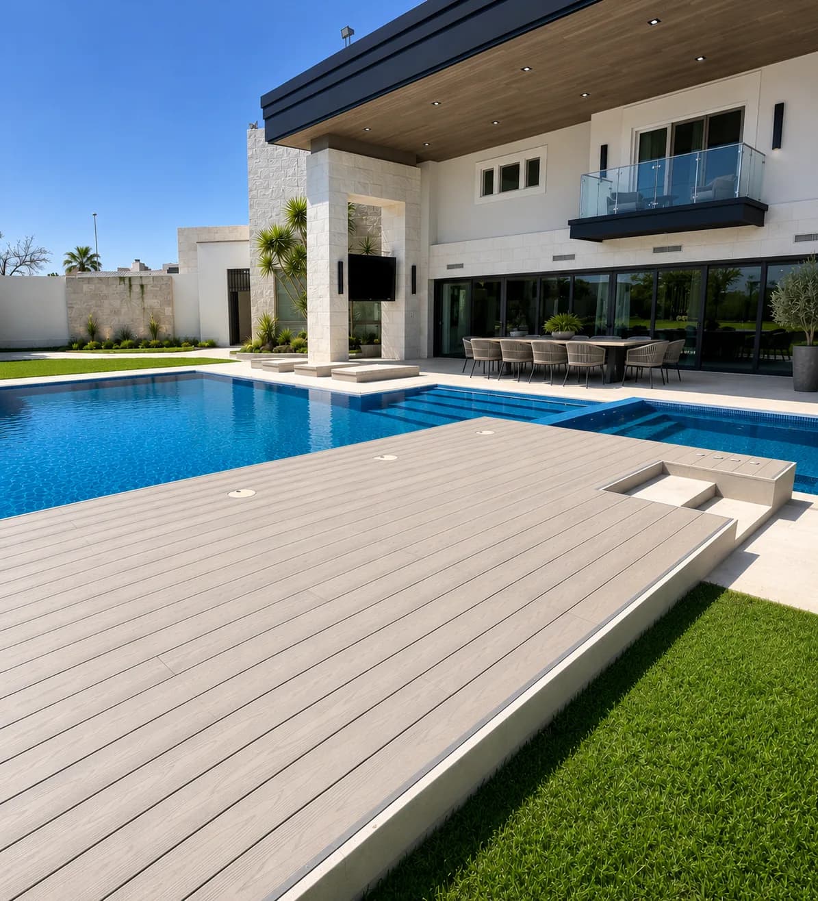 Deck WPC gris claro junto a una alberca con escalones, frente a una casa moderna con terraza techada y comedor exterior, bajo cielo azul