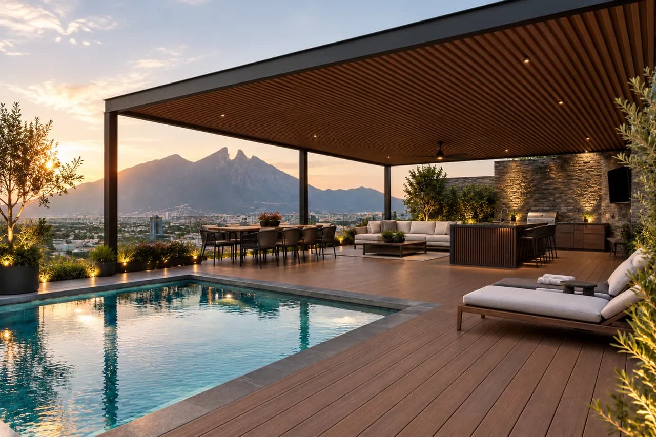 Azotea con deck WPC tono madera alrededor de una alberca, un techo de tablas WPC sobre el comedor y la sala exterior, y el Cerro de la Silla al atardecer