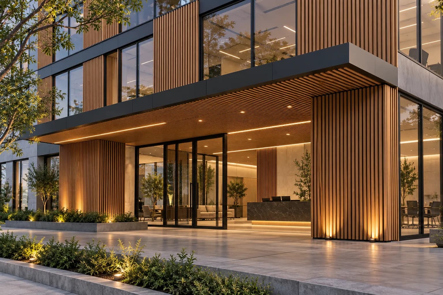Acceso de un edificio corporativo con columnas revestidas de lambrín WPC vertical tono madera y el techo del volado de lambrín, iluminado al anochecer