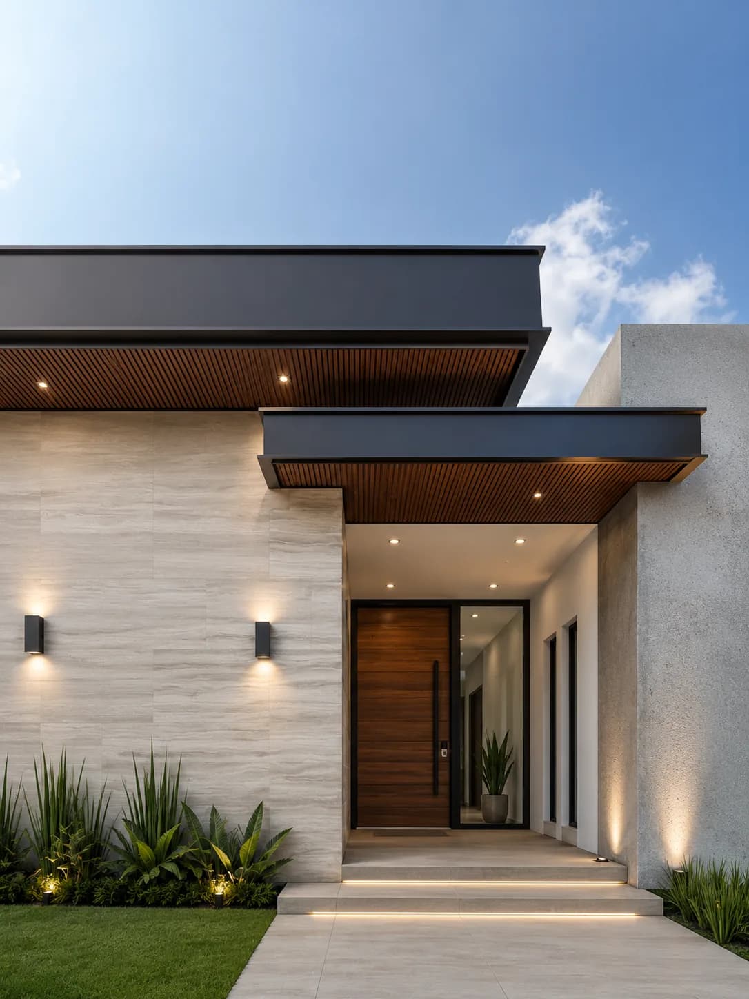 Acceso de una casa moderna con dos volados revestidos por debajo de lambrín WPC tono madera con luces empotradas, muros de travertino y una puerta de madera