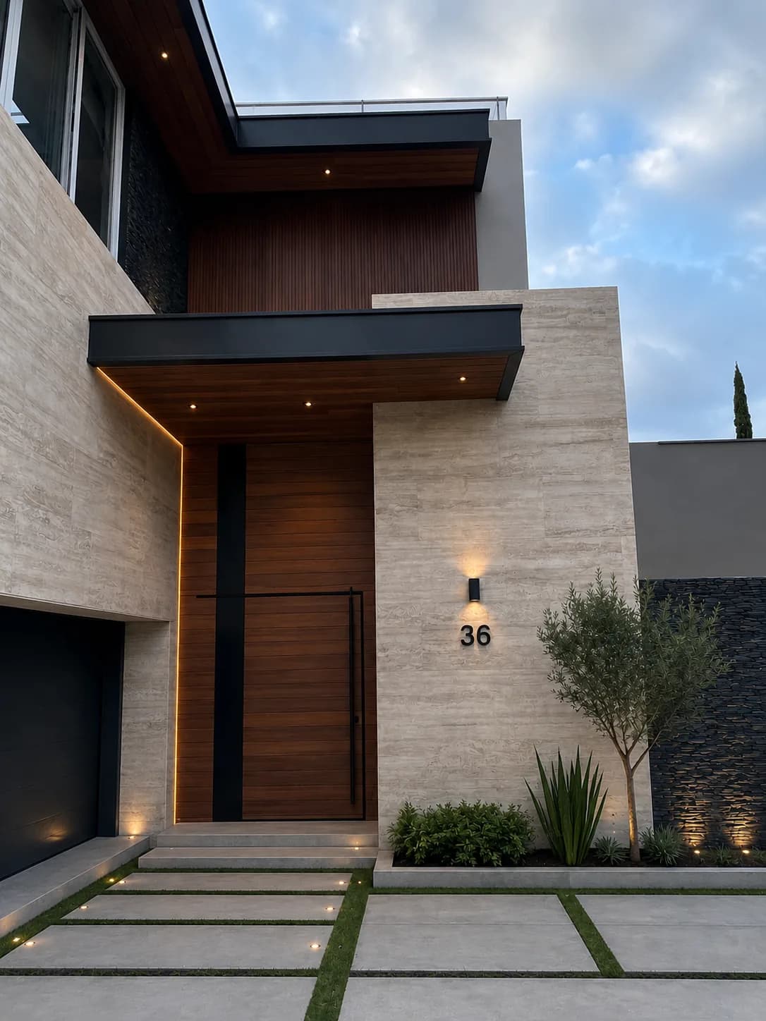 Fachada de una casa moderna al atardecer con muros de travertino, el muro del piso alto y el del acceso revestidos de lambrín WPC tono madera, y un volado con luces empotradas