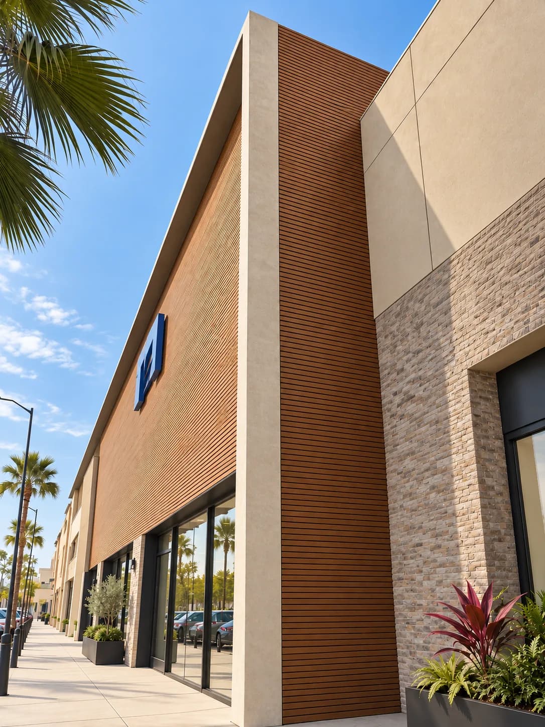 Fachada de un local comercial con un paño alto de lambrín WPC vertical tono madera junto a muros de piedra, con palmeras al fondo
