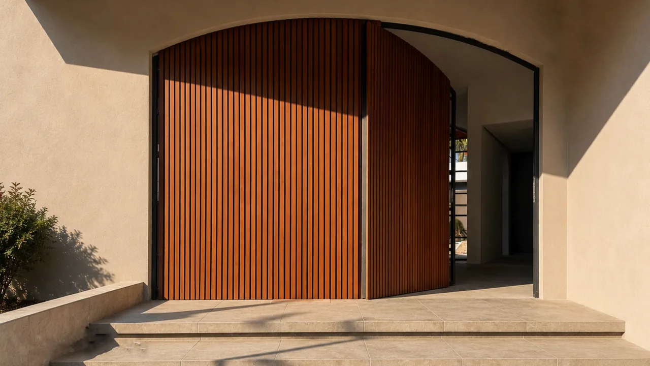 Acceso de una casa bajo un arco, con la puerta pivotante revestida de lambrín WPC ranurado