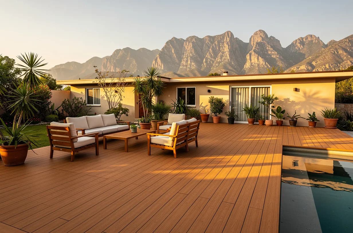 Terraza con deck WPC tono madera, sala exterior y alberca frente a una casa con los cerros al fondo