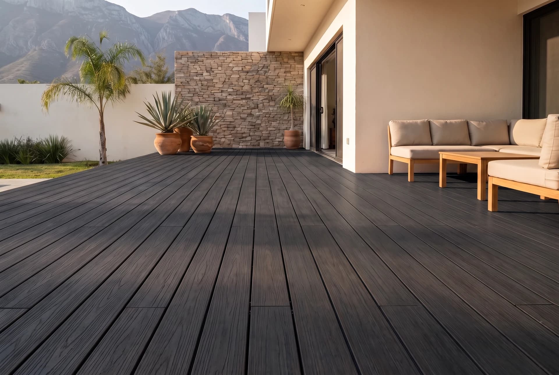 Terraza con deck WPC en color Obsidiana, sala exterior y muro de piedra