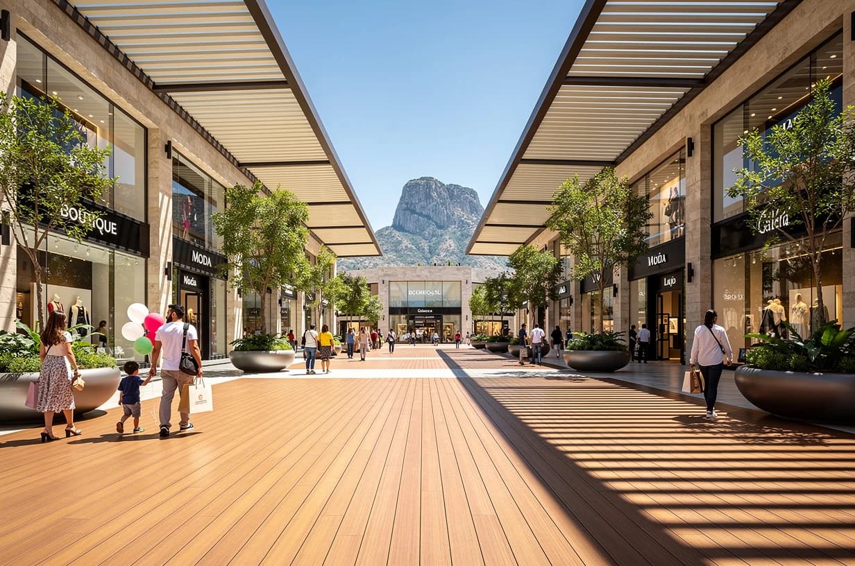 Pasillo al aire libre de una plaza comercial con piso tipo deck y visitantes caminando entre locales