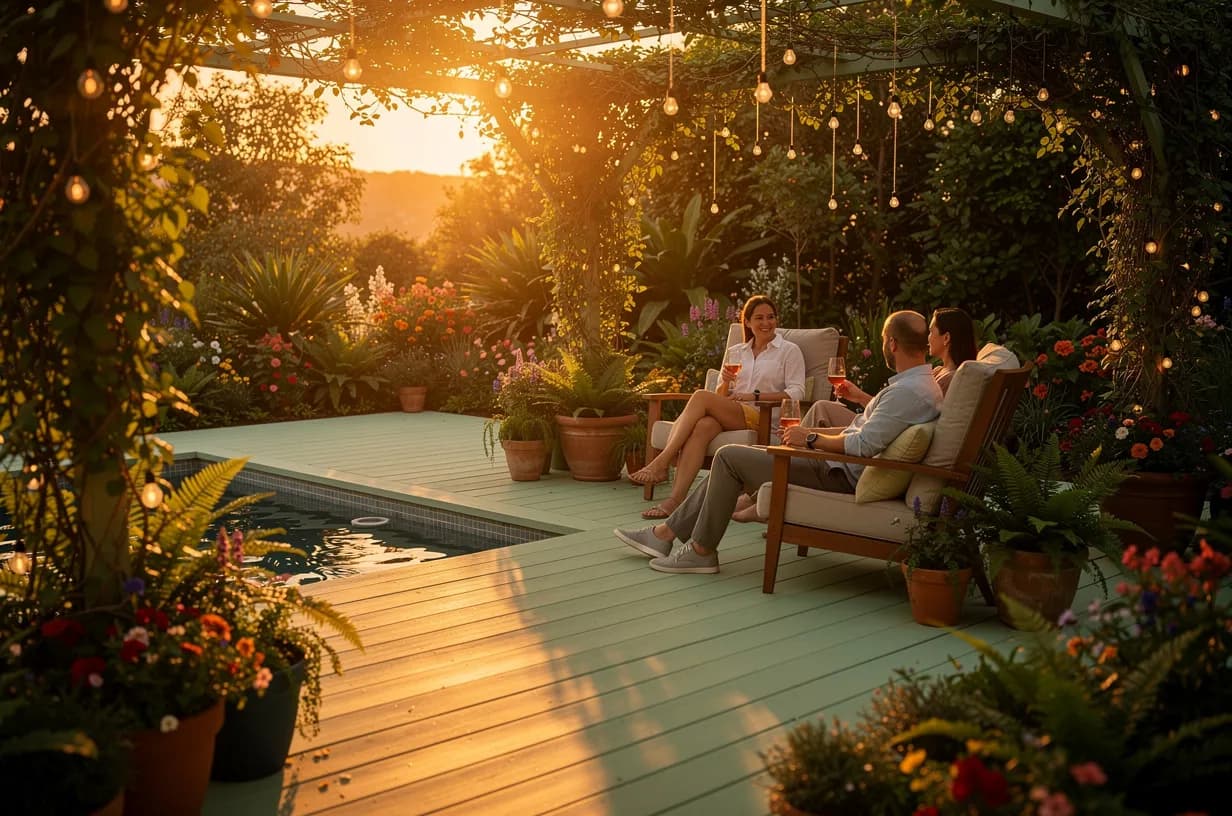Pareja descansando al sol dorado sobre un deck WPC verde pálido junto a la alberca de su jardín