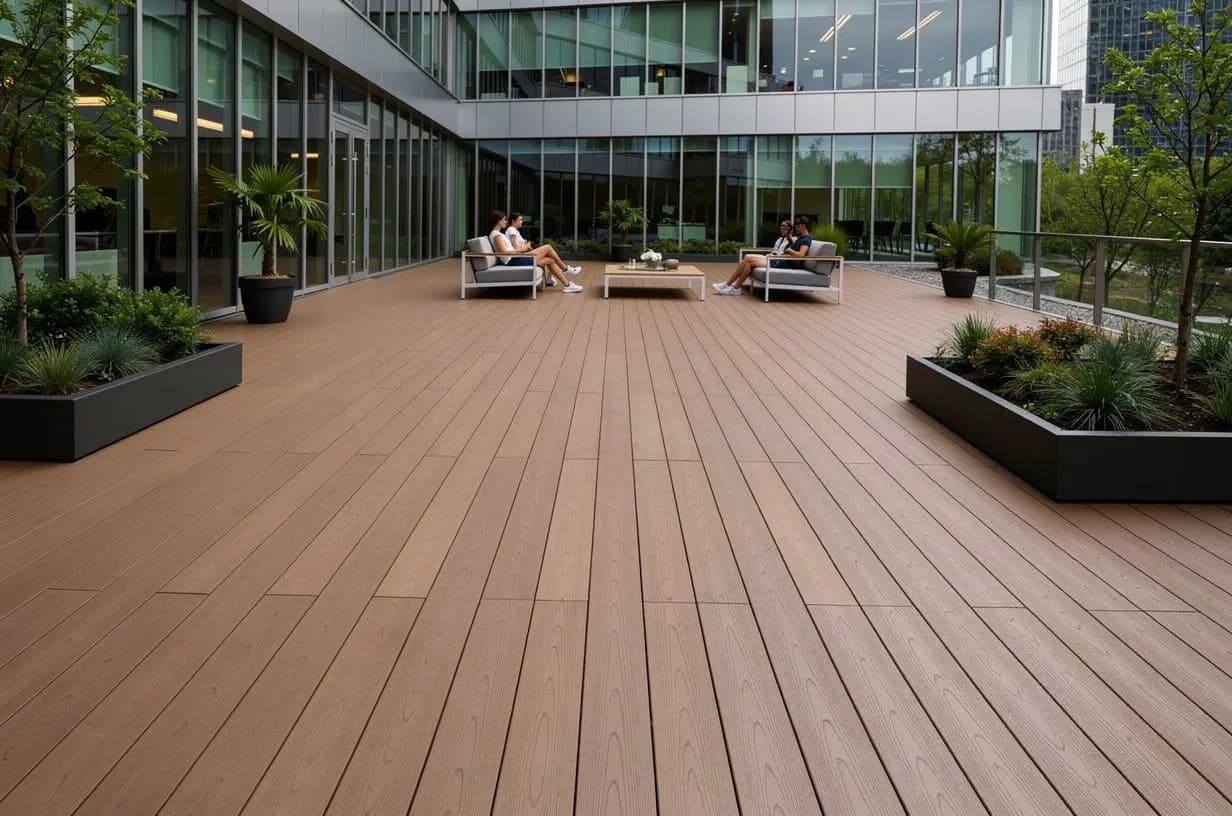 Terraza de un edificio de oficinas con amplio deck WPC tono madera, jardineras oscuras y personas conversando en salas exteriores frente a los ventanales