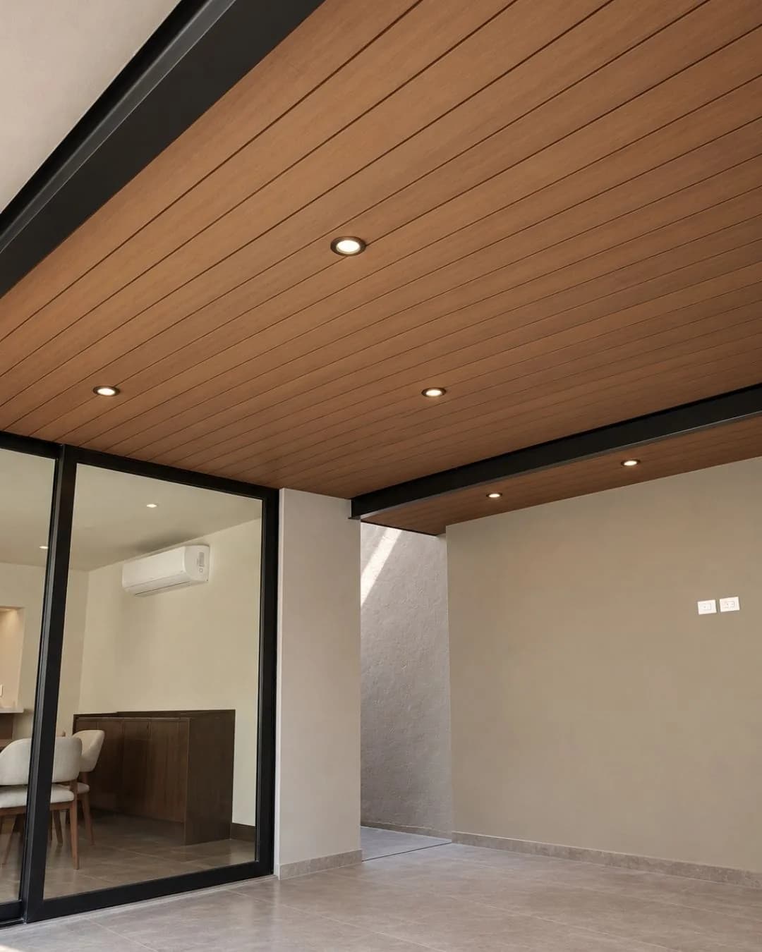 Techo de una terraza revestido de Wall Cladding WPC tono madera con luces empotradas, junto a un ventanal corredizo de marco negro